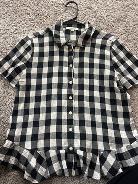 SZ M Madewell Black & White Gingham Button-Up Peplum Top